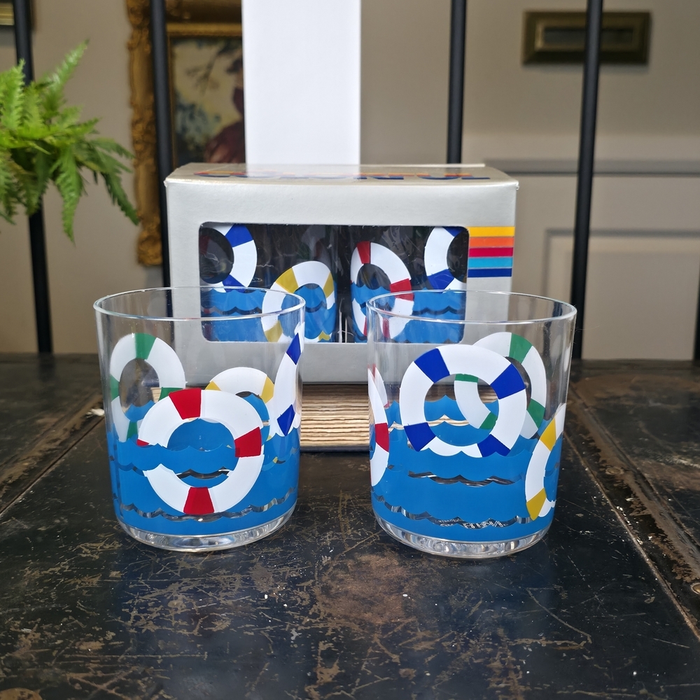 Vintage Nautical Glass Set with Blue and Red Accents Barware